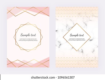 Geometric design with golden lines, triangular elements. Modern templates for invitation, wedding, placard, birthday, brochure, banner, cover,  layout, card, flyer
