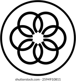 Geometric design of interlocking circles arranged in floral pattern inside larger circle, creating symmetrical and visually balanced image with isolated background.