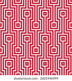 Geometric design with an intricate maze of red and white lines. Seamless repeating pattern. Striped texture in an elegant and trendy style. Abstract vector illustration.