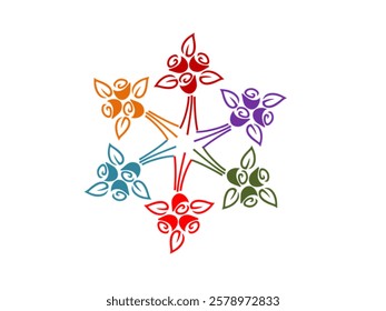 Geometric design made up of interconnected star-like shapes with floral motifs. Each "star" is formed by five colorful branches with petal-like clusters, creating a symmetrical and vibrant design. 