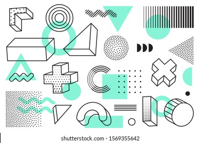 Geometric design and memphis style elements with halftone effects and turquoise shapes