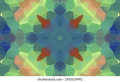 Geometrisches Design, Mosaik eines Vektorkalidoskops, abstrakter Mosaikhintergrund, bunter Futuristischer Hintergrund, geometrisches Dreiecksmuster. Mosaikstruktur. Festgestellter Glaseffekt. 10 EPS Vektor.