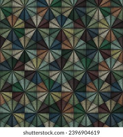 Geometric design with multicolored embroidered triangles on a black background. Abstract retro style. Seamless repeating pattern. Decorative vector illustration.