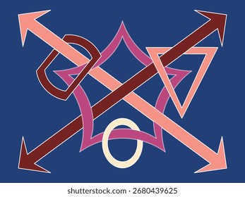 A geometric design with overlapping arrows, circles, and polygons in pink and brown on a dark blue background, symbolizing direction and connection. 