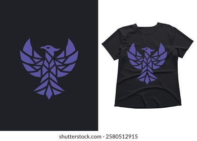 geometric design, phoenix bird, abstract art, modern fashion, black t-shirt, vector illustration, trendy apparel, graphic tee, bird logo, minimalist design, fashion statement, unique pattern