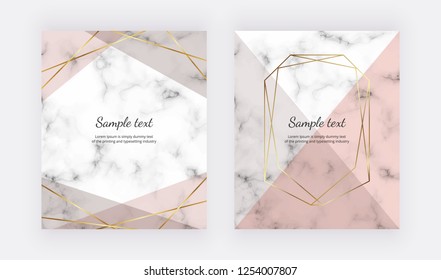 Geometric design with pink and grey triangles, golden lines on the marble texture. Gold polygonal frame. Modern background for wedding invitation, banner, card, flyer, poster, save the date