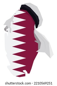 Geometric design of Qatar map with national flag inside of it and white keffiyeh in the top, isolated in flat style.