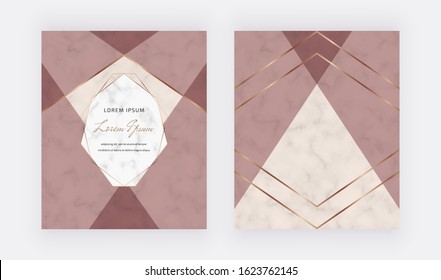 Geometric design with rose gold triangular shapes, golden lines on the marble texture. Modern template for banner, card, flyer, invitation, brochure.
