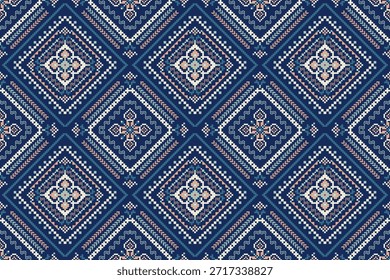 Projeto geométrico padrão sem costura na ilustração do vetor de fundo índigo, padrão sem costura ponto transversal floral, padrão sem costura étnico oriental geométrico, plano de fundo abstrato, projeto geométrico retro, batik.