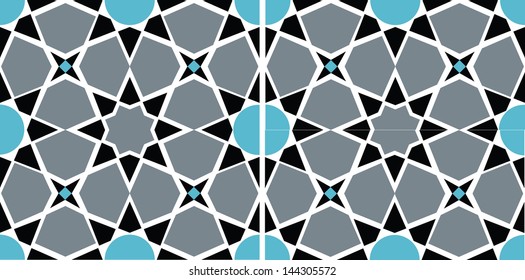 Geometric design with sharp, crisp lines reminiscent of stained glass. The high contrast colors are easily changed to suit your project. The vector includes full tile, half and quarter tile pieces.