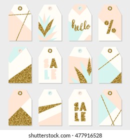 Geometric design summer sale tags in pastel pink, light blue, cream and gold glitter. 