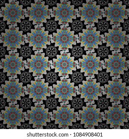 Geometric design template with black, blue and gray elements. Background, texture with pop art effect. Vector seamless pattern. Technologic fabric tile card cover print badge.