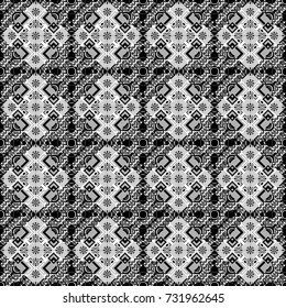 Geometric design template with black, white and gray elements. Vector seamless pattern. Technologic fabric tile card cover print badge. Background, texture with pop art effect.