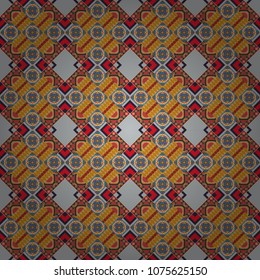 Geometric design template with brown, blue and yellow elements. Technologic fabric tile card cover print badge. Background, texture with pop art effect. Vector seamless pattern.