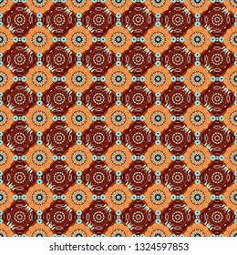 Geometric design template with brown, orange and red elements. Technologic fabric tile card cover print badge. Vector seamless pattern. Background, texture with pop art effect.