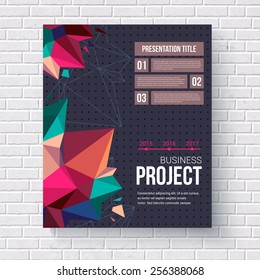 Geometric design template for a business project with triangular crystal points and editable text boxes hanging on a white brick wall, vector illustration