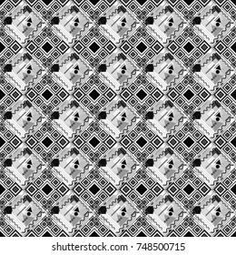 Geometric design template with gray, black and white elements. Technologic fabric tile card cover print badge. Background, texture with pop art effect. Vector seamless pattern.