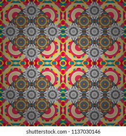 Geometric design template with pink, beige and blue elements. Background, texture with pop art effect. Vector seamless pattern. Technologic fabric tile card cover print badge.