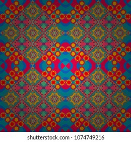 Geometric design template with pink, yellow and blue elements. Vector seamless pattern. Technologic fabric tile card cover print badge. Background, texture with pop art effect.