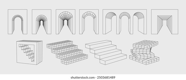 Geometric design template using abstract geometric shapes and minimal lines vector art and futuristic gates and steps ladders illustrations.