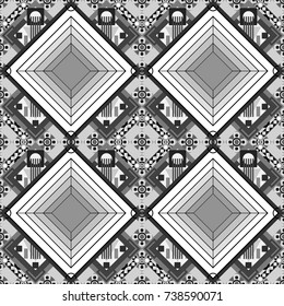 Geometric design template with white, gray and black elements. Background, texture with pop art effect. Vector seamless pattern. Technologic fabric tile card cover print badge.