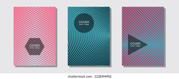 Geometric design templates for banners, covers. Music placards. Halftone lines music poster background. Stylish turquoise pink print pages. Halftone brochure lines geometric design set.