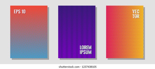Geometric design templates for banners, covers. Modern branding. Zigzag halftone lines wave stripes backdrops. Future blue red yellow mockups samples. Halftone brochure lines geometric design set.