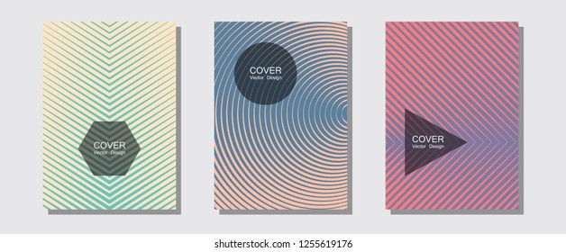 Geometric design templates for banners, covers. Modern branding. Halftone lines music poster background. Technicolor composition. Halftone brochure lines geometric design set.
