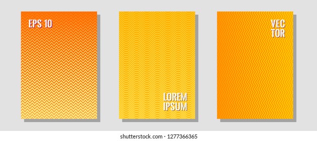 Geometric design templates for banners, covers. Minimalist geometry. Zigzag halftone lines wave stripes backdrops. Music album adverts. Halftone brochure lines geometric design set.