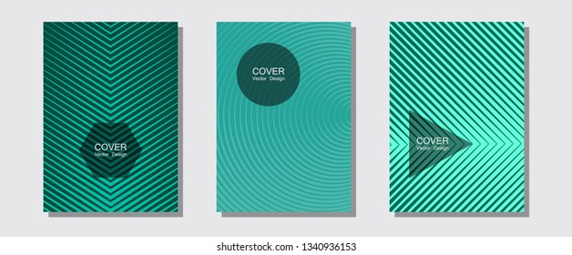 Geometric design templates for banners, covers. Minimalist geometry. Halftone lines music poster background. Stylish print pages. Halftone brochure lines geometric design set.