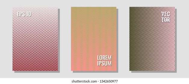 Geometric design templates for banners, covers. Minimalistic journals. Zigzag halftone lines wave stripes backdrops. Corporate catalogs. Halftone brochure lines geometric design set.