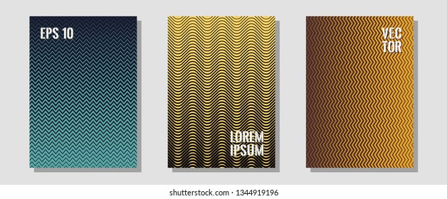 Geometric design templates for banners, covers. Trendy magazines. Zigzag halftone lines wave stripes backdrops. Scientific style mix. Halftone brochure lines geometric design set.