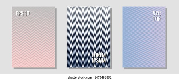 Geometric design templates for banners, covers. Trendy magazines. Zigzag halftone lines wave stripes backdrops. Scientific style mix. Halftone brochure lines geometric design set.