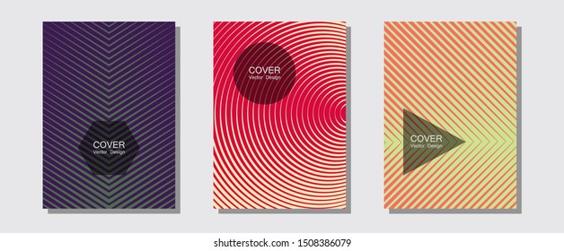 Geometric design templates for banners, covers. Corporate catalogs. Halftone lines music poster background. Business folders branding. Halftone brochure lines geometric design set.