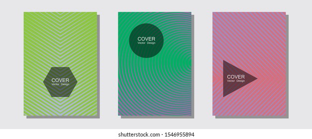 Geometric design templates for banners, covers. Music placards. Halftone lines music poster background. Stylish print pages. Halftone brochure lines geometric design set.