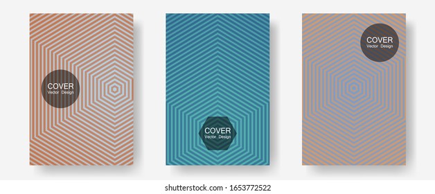 Geometric design templates for banners, covers. Minimal booklets. Halftone lines annual report templates. Divergent maquettes. Halftone brochure lines geometric design set.