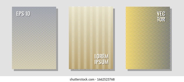Geometric design templates for banners, covers. Elegant patchy mockups. Zigzag halftone lines wave stripes backdrops. Simple book covers. Halftone brochure lines geometric design set.