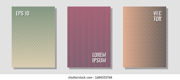 Plantillas de diseño geométrico para banners, portadas. Libros mínimos. Líneas de medio tono zigzag ondulan rayas de fondo. Laconic burlas ingeniosas. Conjunto de diseño geométrico de líneas de folleto de semitono.