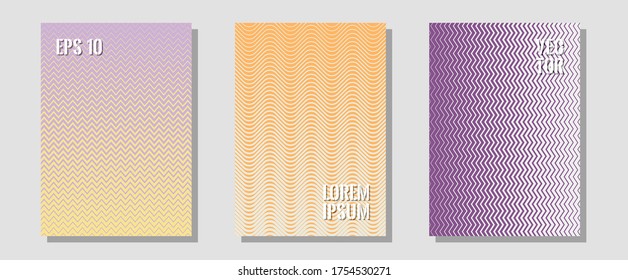 Plantillas de diseño geométrico para banners, portadas. Composición neotérica. Zigzag líneas de semitono ondulan rayas de fondo. Catálogos corporativos. Conjunto de diseño geométrico de líneas de folleto de semitono.