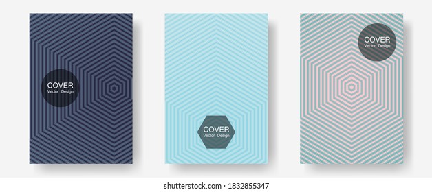 Geometric design templates for banners, covers. Trendy magazines. Halftone lines annual report templates. Dynamic retro fashion. Halftone brochure lines geometric design set.