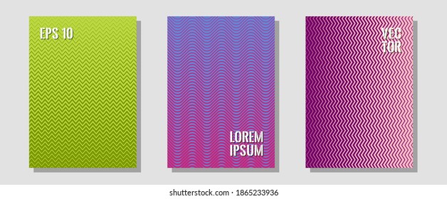 Plantillas de diseño geométrico para banners, portadas. Moda retro dinámica. Zigzag líneas de semitono ondulan rayas de fondo. Sencillas portadas de libros. Conjunto de diseño geométrico de líneas de folleto de semitono.
