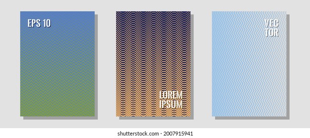 Geometric design templates for banners, covers. Minimal booklets. Zigzag halftone lines wave stripes backdrops. Business folders branding. Halftone brochure lines geometric design set.