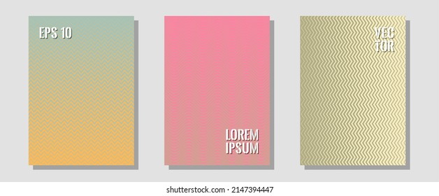 Plantillas de diseño geométrico para banners, portadas. Folletos mínimos. Zigzag líneas de semitono ondulan rayas de fondo. Páginas de impresión elegantes. Conjunto de diseño geométrico de líneas de folleto de semitono.