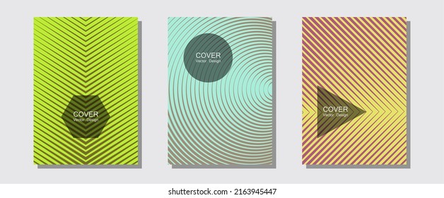 Geometrische Design-Vorlagen für Banner, Cover. Einfache Buchumschläge. Halftone beherrscht Musikplakathintergrund. Dynamische Retro-Mode. Halftone Broschüren Linien geometrisches Design Set.