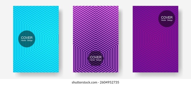 Geometric design templates for banners, covers. Divergent maquettes. Halftone lines annual report templates. Futuristic style. Halftone brochure lines geometric design set.