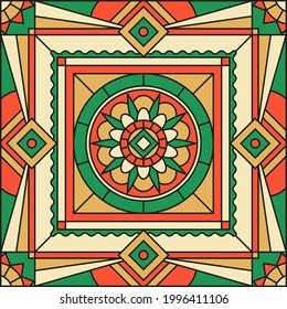 Diseño geométrico para baldosas. Impresión cuadrada para una bufanda. Ornamento de vidrio manchado. 
