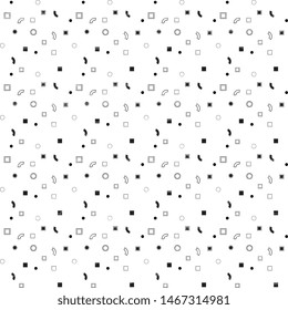 Geometric design vector. Seamless pattern with randomly scattered gray squares, circles, balls, curve on a white background, textured, artistic. Abstract beautiful illustration.
