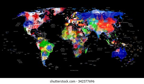 GEOMETRIC DESIGN WORLD MAP WITH COUNTRY AND CITY NAMES. PAINTED INTO COUNTRY FLAGS COLOR.