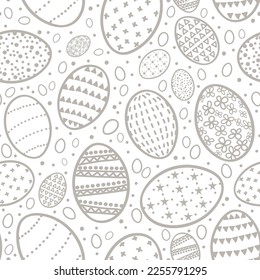 Los diseños geométricos y los puntos en modestos colores marrón y blanco hacen un diseño terrenal y neutro. Resumen Patrón transparente de huevo de Pascua con decoración escandinava simple.