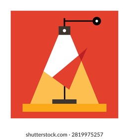 Geometric of a desk lamp casting a light beam on a red background, with abstract shapes, and lines